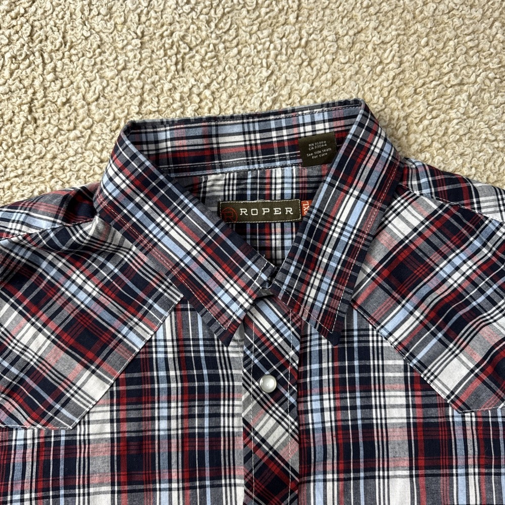 Roper Shirt Mens 2XL Red White Blue Plaid L/S Pearl Snap Western Cowboy - Picture 8 of 13